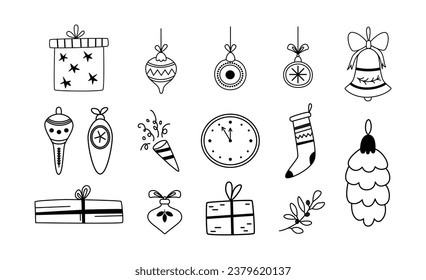 Christmas tree decorations, gifts, clock, socks. Simple festive doodles. Hand-drawn line art. Outline sketch isolated on white background. Winter season.