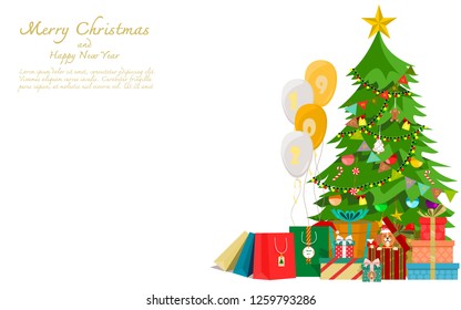 Christmas tree with decorations, gifts collection, celebrated happy new year balloons and a puppy sitting in a present box. Flat style vector illustration of Xmas season on transparent background.