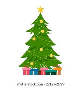 Christmas tree with decorations and gifts. The concept of celebrating Christmas and New Year.