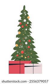 Christmas tree with decorations and gifts festive holiday scene with ornaments snowflakes colorful presents beneath green tree white background