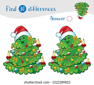 Christmas tree with decorations and gifts. Greeting card concept. Find 10 differences. Educational game for children.