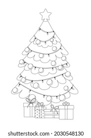 Christmas tree with decorations and gifts. Greeting card concept. Coloring book or page. Vector black and white illustration isolated on white background. A4.