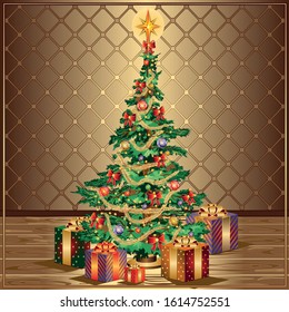 Christmas tree with decorations and gifts. Vector illustration