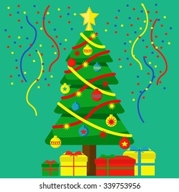 Christmas tree with decorations and gifts vector illustration