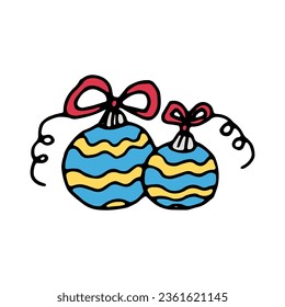 Christmas tree decorations glass balls yellow and blue with a wave pattern and a red bow. Vector doodle cartoon illustration for cards, web design, flyers, invitations