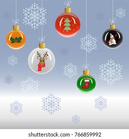christmas tree decorations (glossy like 3d balls - orange, white, red, green, black) with pictures (deer, snowman, christmas tree, holly, Christmas sock) and snowflakes