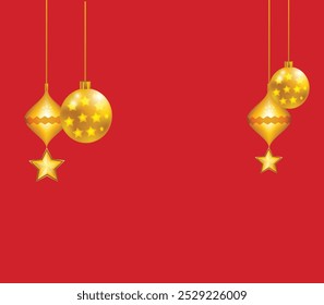 Christmas tree decorations. Green scene. Golden Christmas tree ball with gold star. Christmas tree ball ornaments