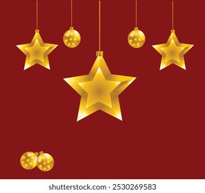 Christmas tree decorations. Green scene. Golden Christmas tree ball with gold star. Christmas tree ball ornaments
