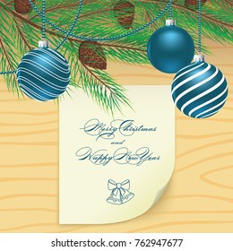 Christmas tree decorations and greeting card on wooden background. Inscription of Merry Christmas and Happy New Year. Vector illustration.