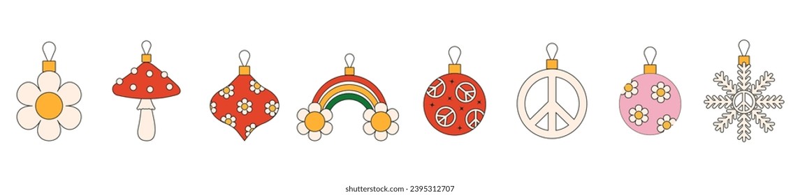 Christmas tree decorations in Groovy Hippie style. Vector illustration.