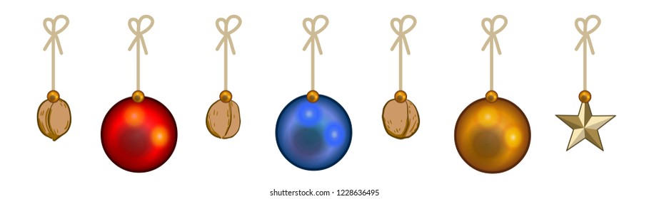 Christmas tree decorations to hang: Christmas bauble, Walnut, Golden Star / Vector, isolated