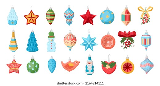 Christmas tree decorations, holiday new year accessories and toys. Xmas tree toys, Santa Claus, star and Christmas cone vector symbols illustrations set. Winter holidays decorations