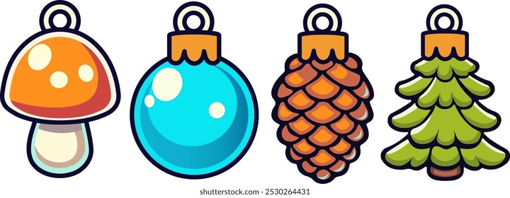 Christmas tree decorations, holiday new year accessories and toys. Xmas tree toys, christmas tree,ball, mushroom, and Christmas cone vector symbols illustrations set. Winter holidays decorations