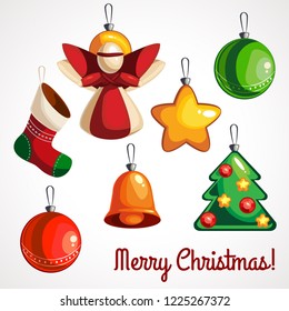Christmas tree decorations isolated on white background vector illustration set. Winter Holidays and Celebrations concept.