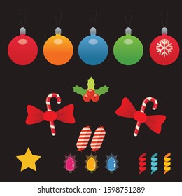 Christmas tree decorations isolated on  background vector illustration set. Winter Holidays and Celebrations concept. Balls, star, candy cane, candy, lights decor.