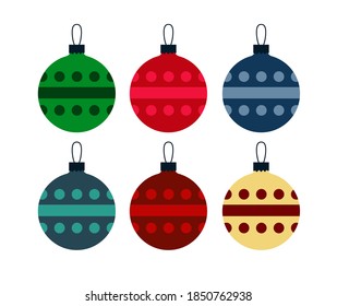 Christmas tree decorations isolated on white background vector flat illustration set. Set of design elements for greeting cards, New Year banners.  Winter Holidays and Celebrations concept.