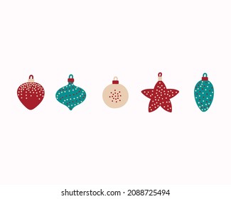 Christmas tree decorations isolated on colored background vector illustration set. The concept of winter holidays and celebrations.