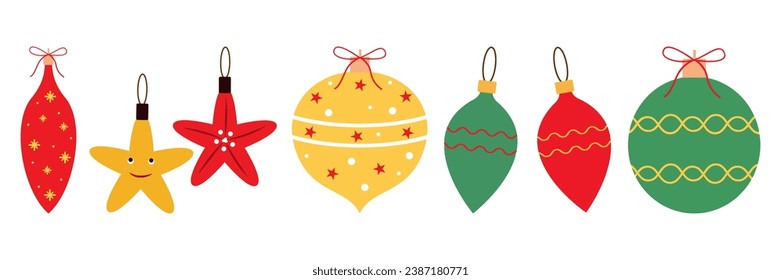 Christmas tree decorations isolated on a white background vector illustration set. Winter Holidays and Celebrations concept. Balls, star, icicle decor