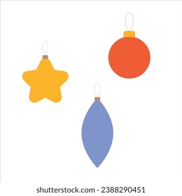Christmas tree decorations isolated on white background vector illustration set. Winter Holidays and Celebrations concept. Balls, star, icicle decor.