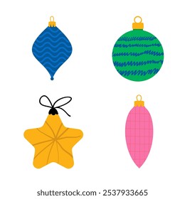 Decorações de árvore de Natal isoladas no conjunto de ilustração de vetor de fundo branco. Conceito de feriados e celebrações de inverno.