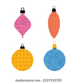 Decorações de árvore de Natal isoladas no conjunto de ilustração de vetor de fundo branco. Conceito de feriados e celebrações de inverno.