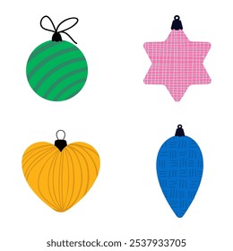 Christmas tree decorations isolated on white background vector illustration set. Winter Holidays and Celebrations concept.