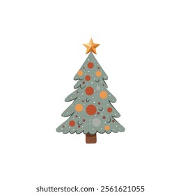 Christmas tree with decorations isolated on white background. Decorations with balls and garlands. Vector illustration. For New Year cards, banners, posters.