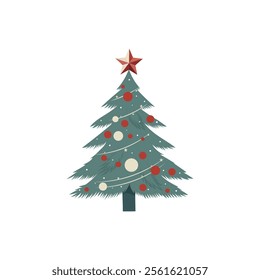Christmas tree with decorations isolated on white background. Decorations with balls and garlands. Vector illustration. For New Year cards, banners, posters.