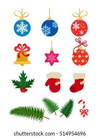 Christmas tree decorations isolated on white background vector illustration set. Winter Holidays concept. Balls, star, bell, oak leaf, fir-tree branch, candy with red ribbon, sock and mitten decor.