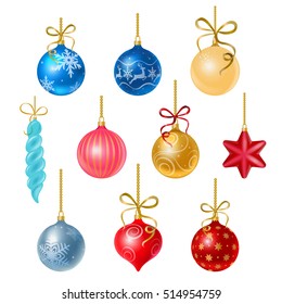 Christmas tree decorations isolated on white background vector illustration set. Winter Holidays and Celebrations concept. Balls, star, icicle decor.