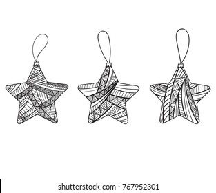 Christmas tree decorations isolated on white background. vector illustration set. Winter Holidays and Celebrations concept. Star shape. Black and white