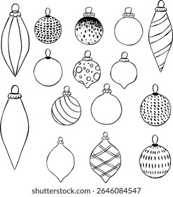 Conjunto aislado de decoraciones de árboles de Navidad. Ilustración de tinta de línea gráfica de Vector. Signo de la silueta para el logotipo, impresión, cómics, moda, arte pop, tableros, diseño, pegatinas, decoración, carteles
