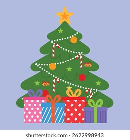 christmas tree decorations with christmas light, christmas star, candy cane bauble, ornament, bell and gift flat vector illustration