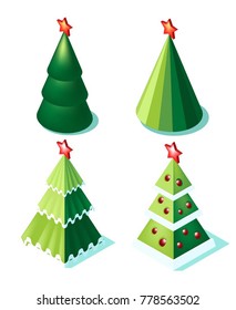 Christmas tree with decorations and lights on a white background. Isometric 3d