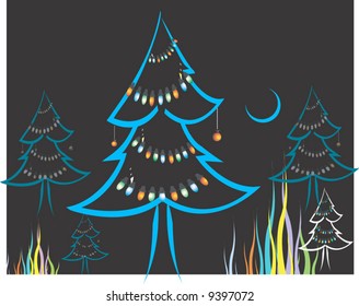 Christmas tree with decorations at night and half-moon on the sky	