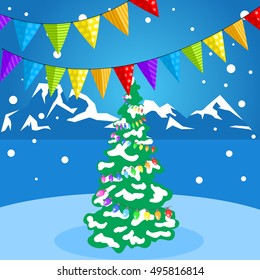 Christmas tree and Christmas decorations on a background of a winter landscape. Garlands of flags and lights. Snowy forest in the background.