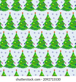 Christmas tree with decorations on a blue background. New Year's seamless pattern for design, packaging, wallpaper, fabric.