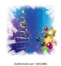 Christmas tree with decorations on blue background