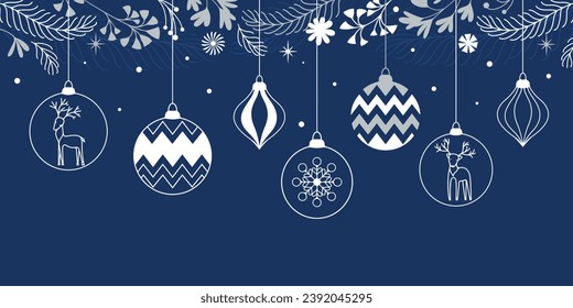 Christmas tree decorations on branches in vector. Christmas balls with deer, snowflakes and abstractions.