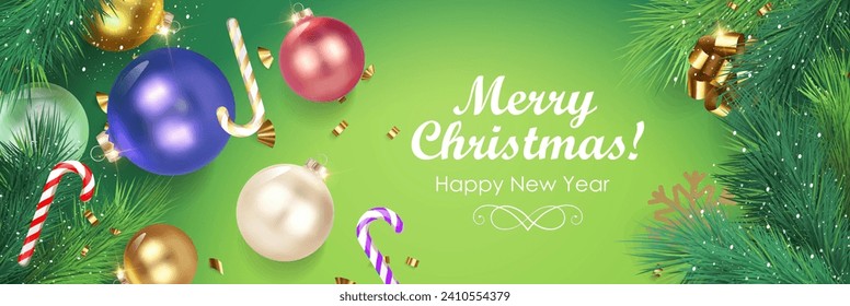 Christmas tree decorations  on a green background with Christmas tree branches. Vector brochure cover design, landing page, discount flyer