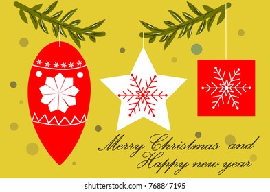Christmas tree decorations on the sprigs, design style, greeting card with a merry Christmas and a happy new year