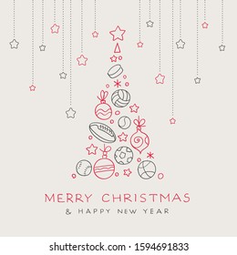 Christmas tree with decorations on the topic of sports, text and ornaments. Vector.