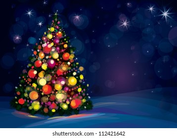 Christmas tree and decorations on winter background.