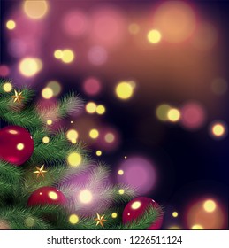 Christmas tree and decorations on winter background. Realistic flare lights. Bokeh lights