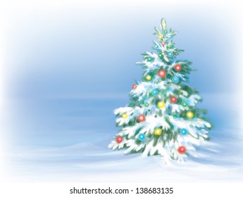 Christmas tree and decorations on winter background.