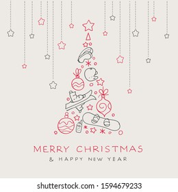 Christmas tree with decorations on winter sports topics, text and ornaments. Vector.