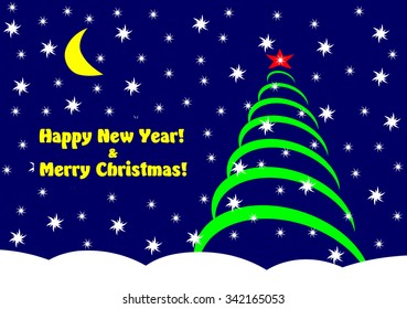 Christmas tree and decorations on winter background. Beautiful.