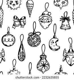 Christmas tree decorations ornament in sketch style. Xmas holiday decor. Vector seamless pattern for design, background, wallpaper.