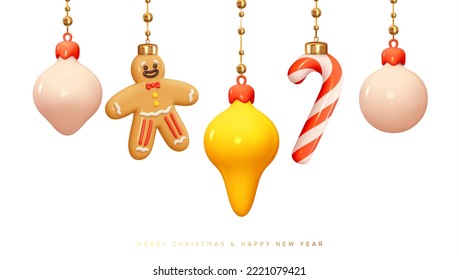 Christmas tree decorations ornaments hanging on golden ribbon, pink ball, candy cane, cone toy, gingerbread man. Realistic 3d design in cartoon style. Vector illustration