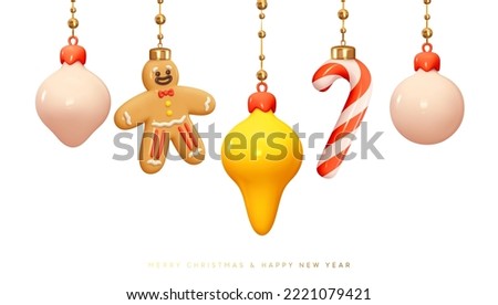Christmas tree decorations ornaments hanging on golden ribbon, pink ball, candy cane, cone toy, gingerbread man. Realistic 3d design in cartoon style. Vector illustration